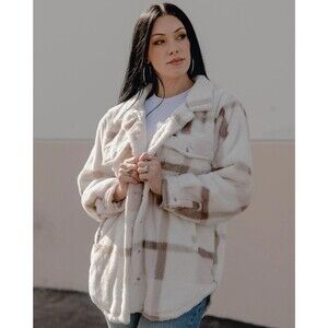 DIXXON Flannel Womens Dusty Rose Cream Brown Pink Long Sherpa Fleece Shacket